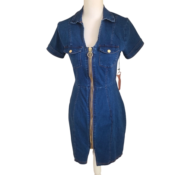 NEW zip front stretch denim mini dress size S - Picture 3 of 8